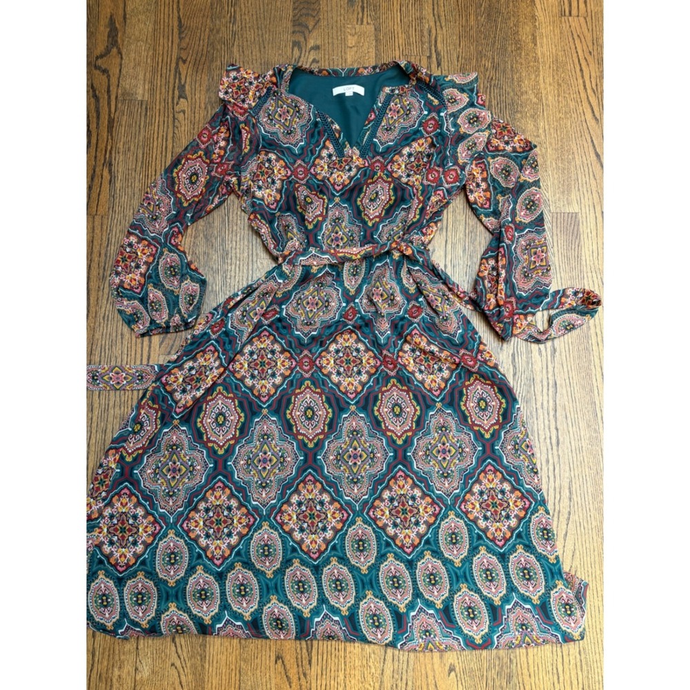 Loft Midi Dress Large Teal Green Boho Paisley Long Sleeve Folk Whimsigoth Belted